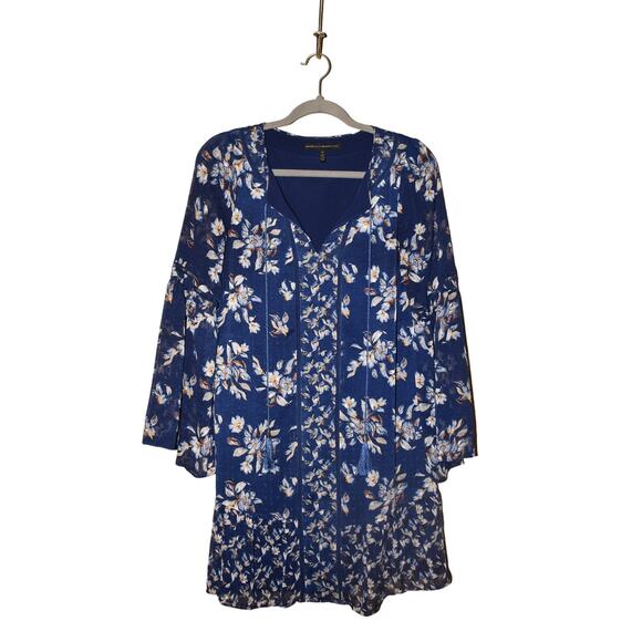 WHITE HOUSE BLACK MARKET $188 Blue Floral Chiffon Shift Dress Bell Sleeves Small - Picture 1 of 4